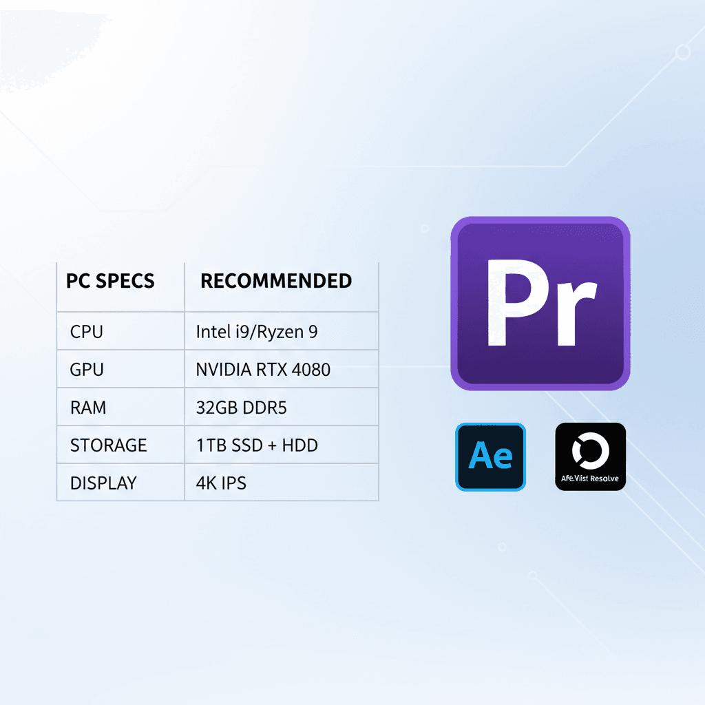 動画編集に適したPCのスペック表と、Adobe Premiere Proのアイコンが並んだイメージ