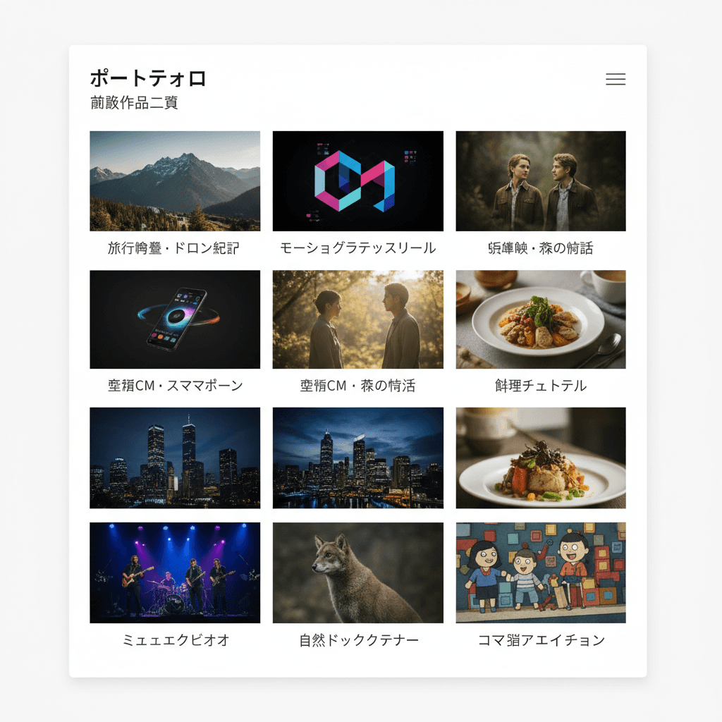 ポートフォリオの動画作品一覧のスクリーンショット。サムネイルと簡単な説明が並んでいる。