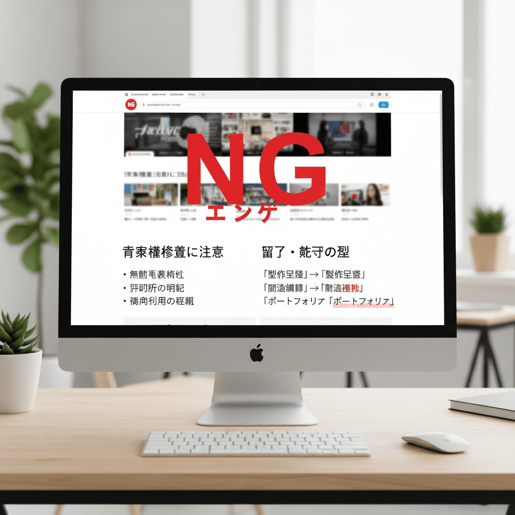 赤字で「NG」と書かれたポートフォリオサイトの画面。著作権侵害の注意喚起や誤字脱字の例が示されている。