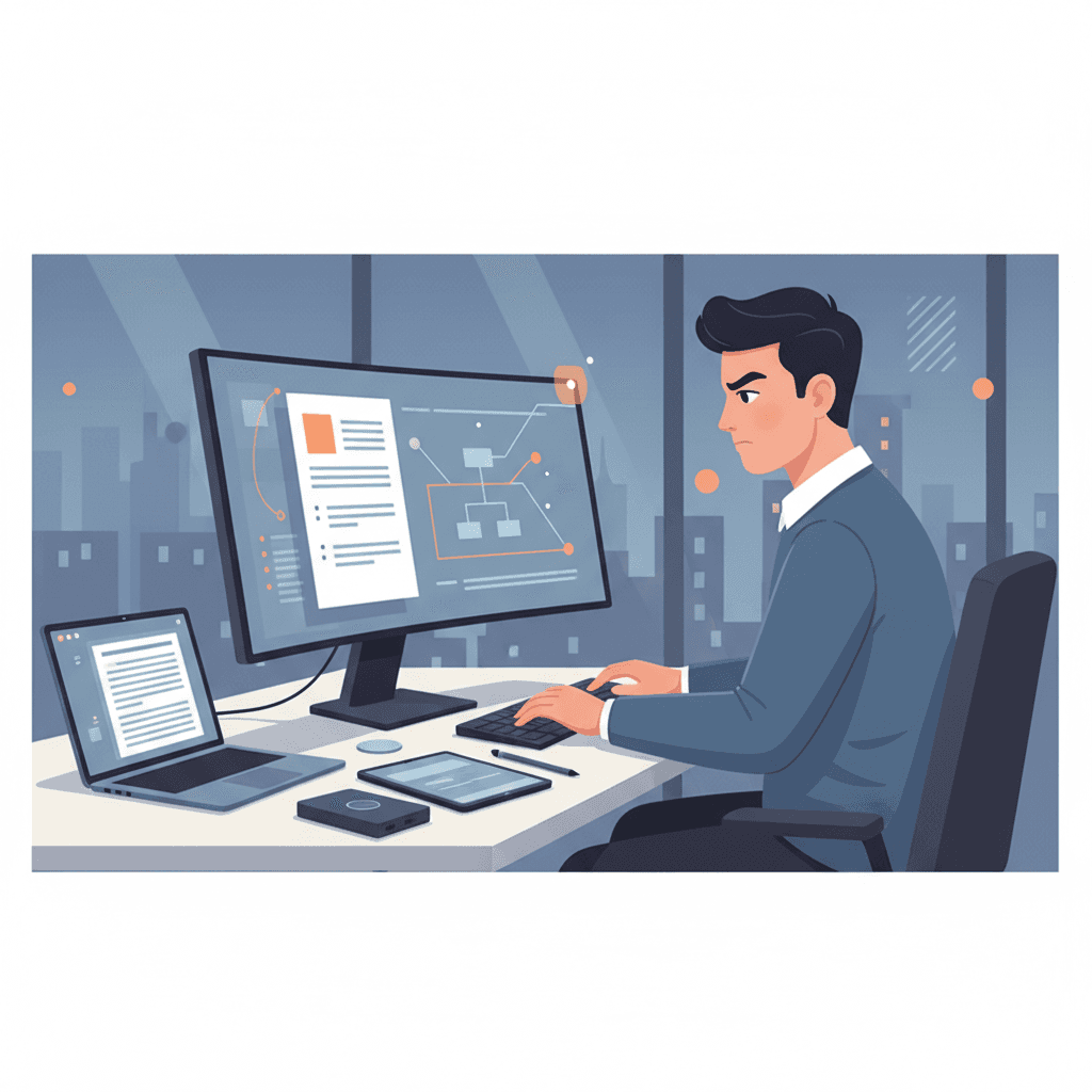 パソコンの前で提案文を書く人物のイラスト。真剣な表情でキーボードを打っている。