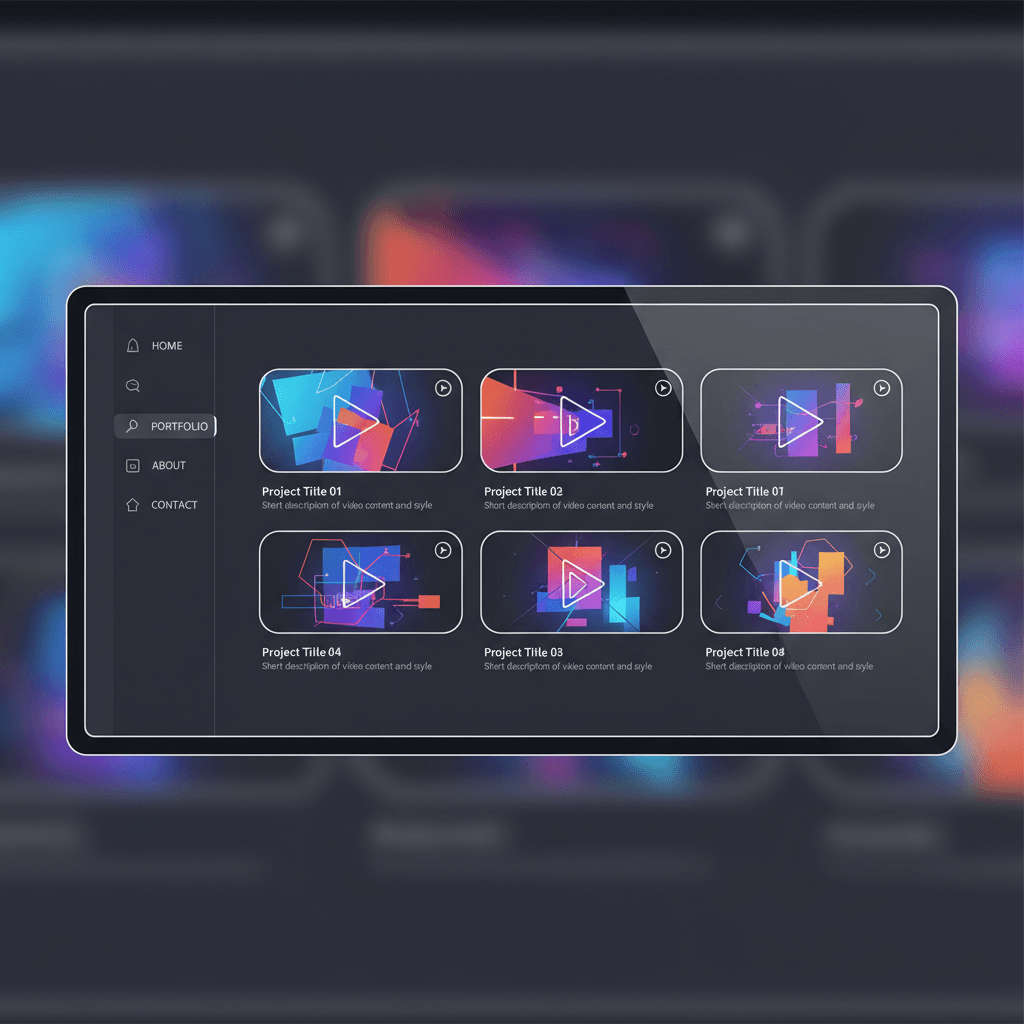 動画編集者のポートフォリオサイトの画面イメージ。サムネイルと簡単な説明が並んでいる。