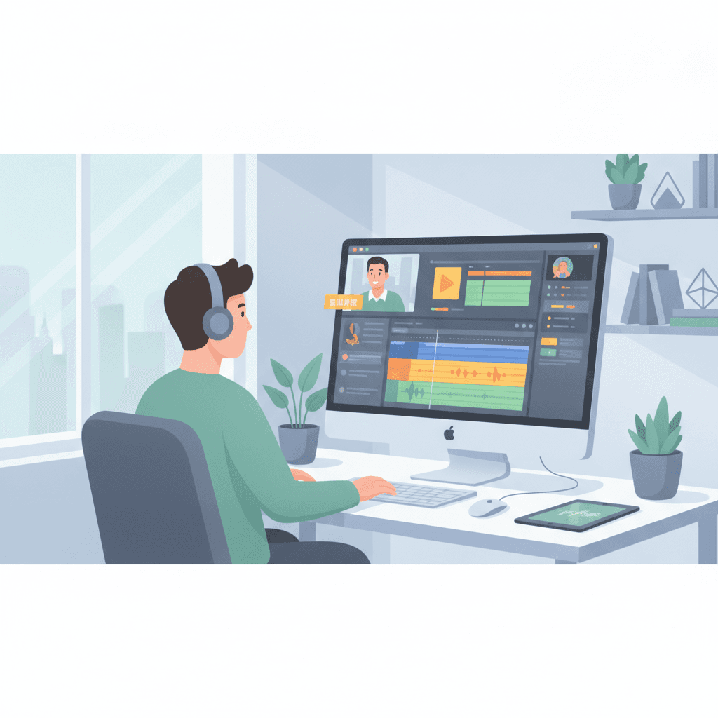 パソコンの前で動画編集スクールの無料体験を受けている人のイラスト