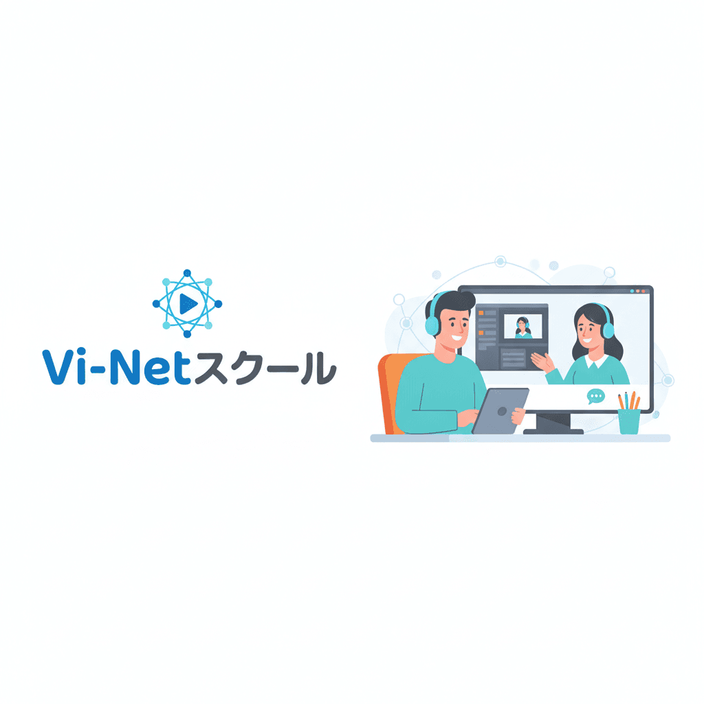 Vi-Netスクールのロゴと、オンライン相談を受けている生徒のイメージ