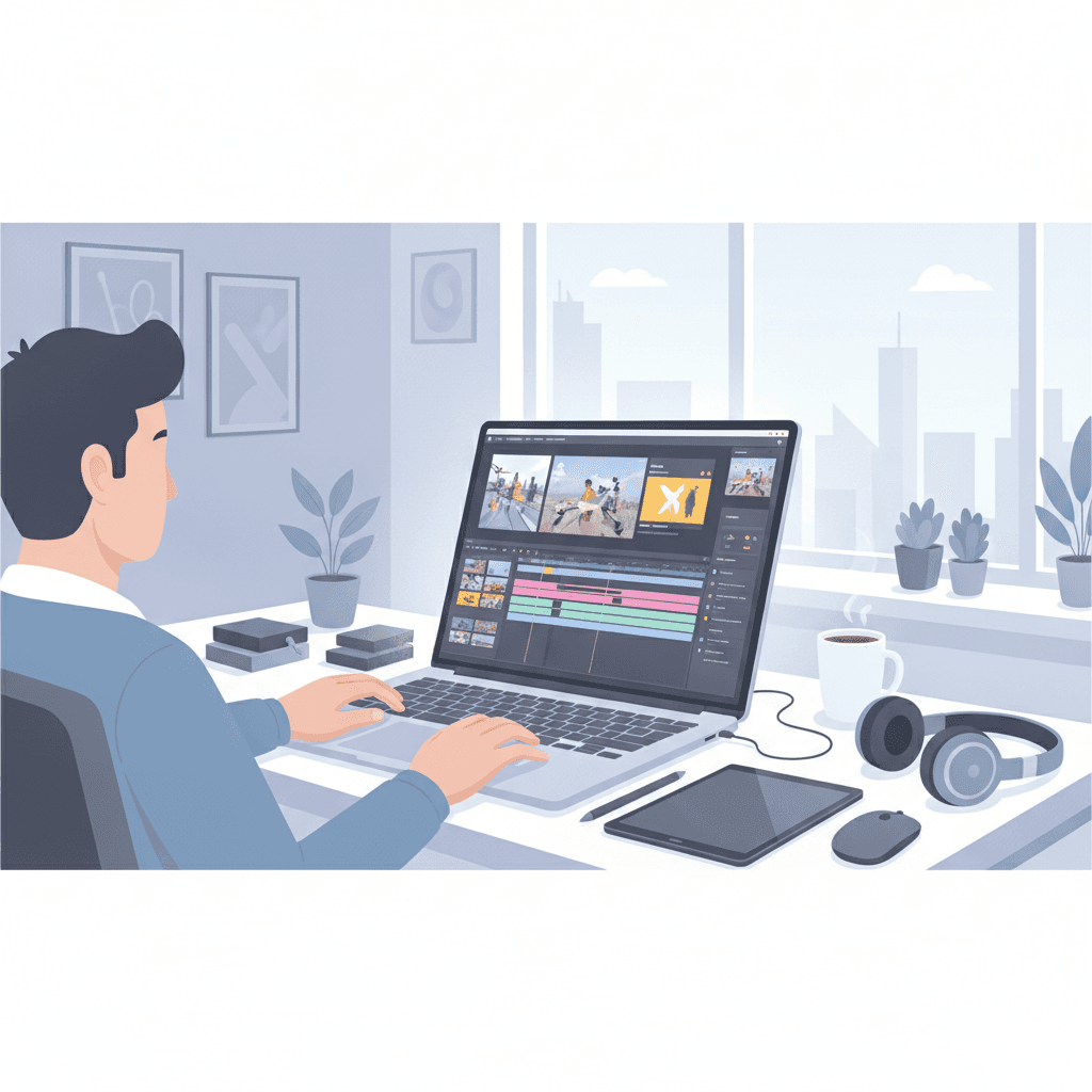 ノートパソコンで動画編集のポートフォリオを制作している様子