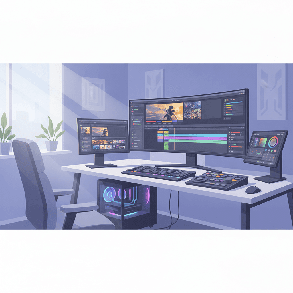 動画編集作業中のPCとモニターのイメージ