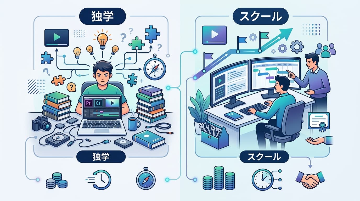独学とスクールの比較図(効率、費用、サポートなど)
