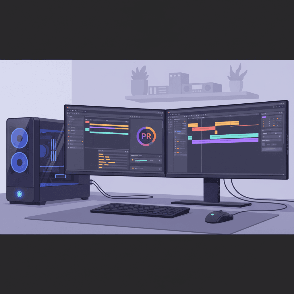 動画編集に必要な機材(高性能PC、モニター、Adobe Premiere Proのロゴなど)