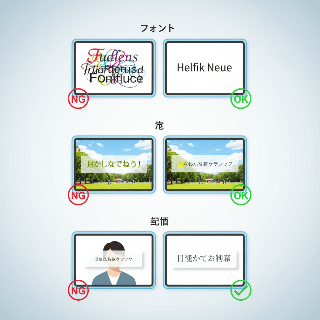 テロップの基本要素(フォント、色、配置)を図で示す。各要素のNG例とOK例を比較できるような図が理想。