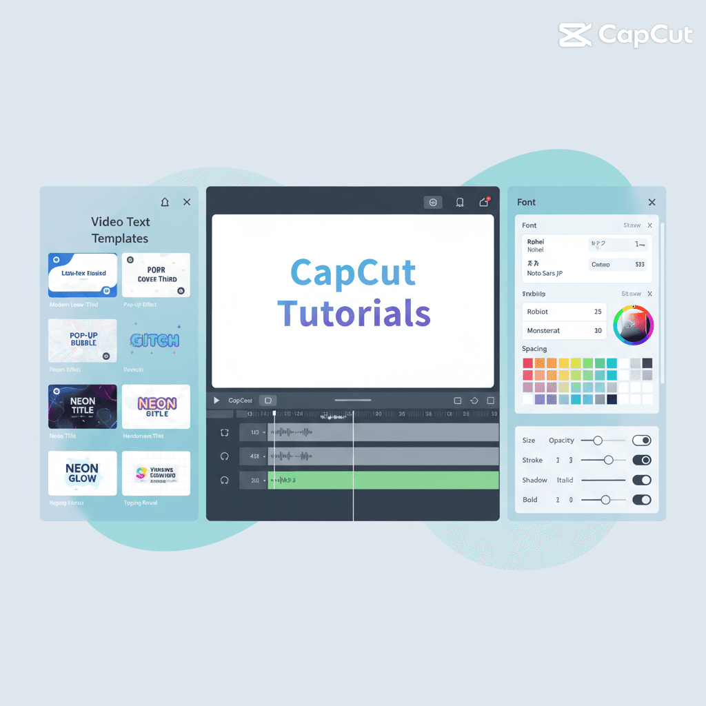 CapCutのテロップ編集画面のスクリーンショット。テンプレート選択画面や、フォント・色調整画面が分かりやすいように。