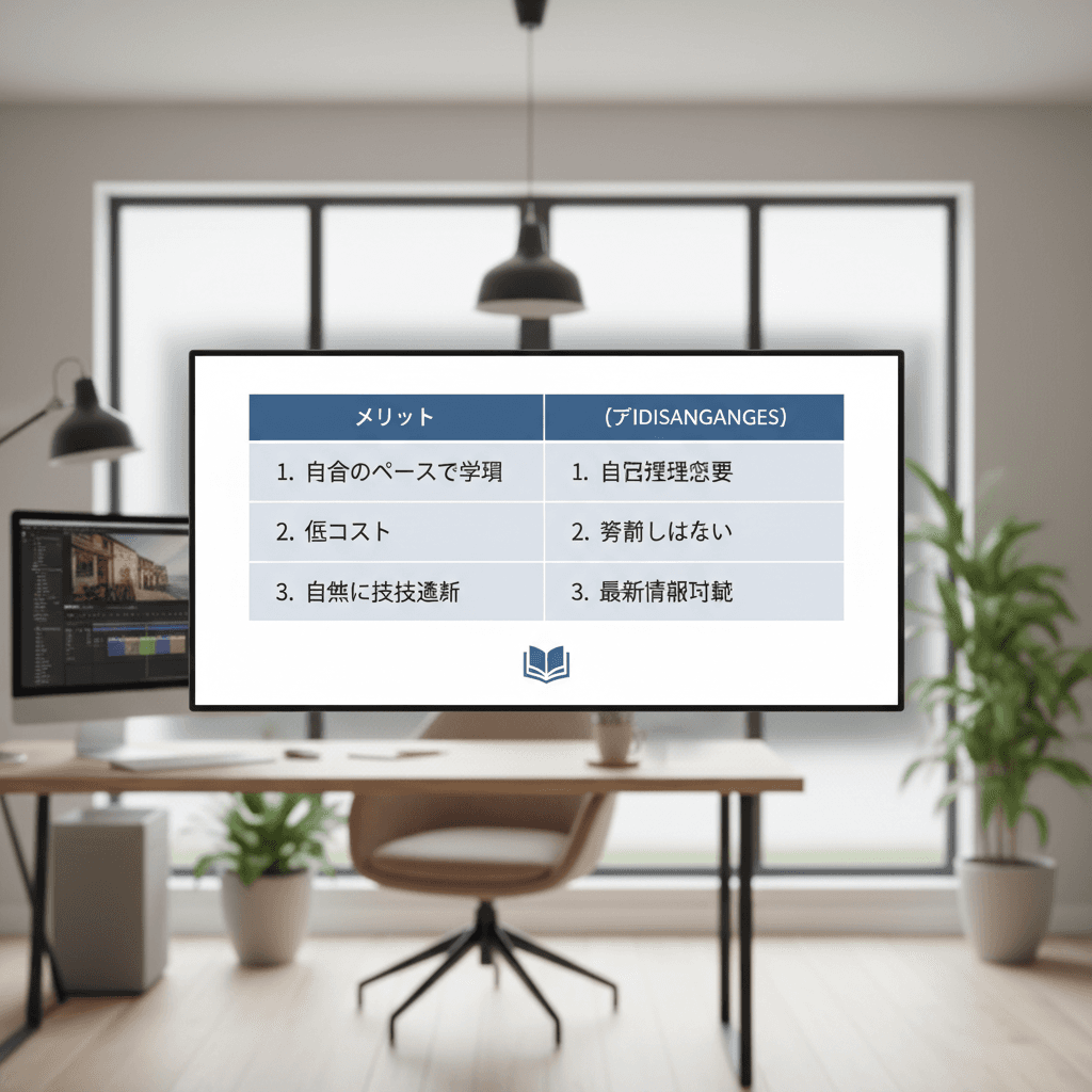 独学で動画編集を学ぶメリットとデメリットをまとめた表のイメージ