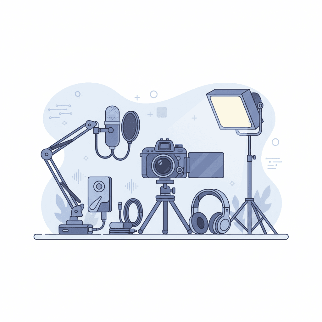 YouTuber動画作成に必要な機材(カメラ、マイク、照明)のイラスト